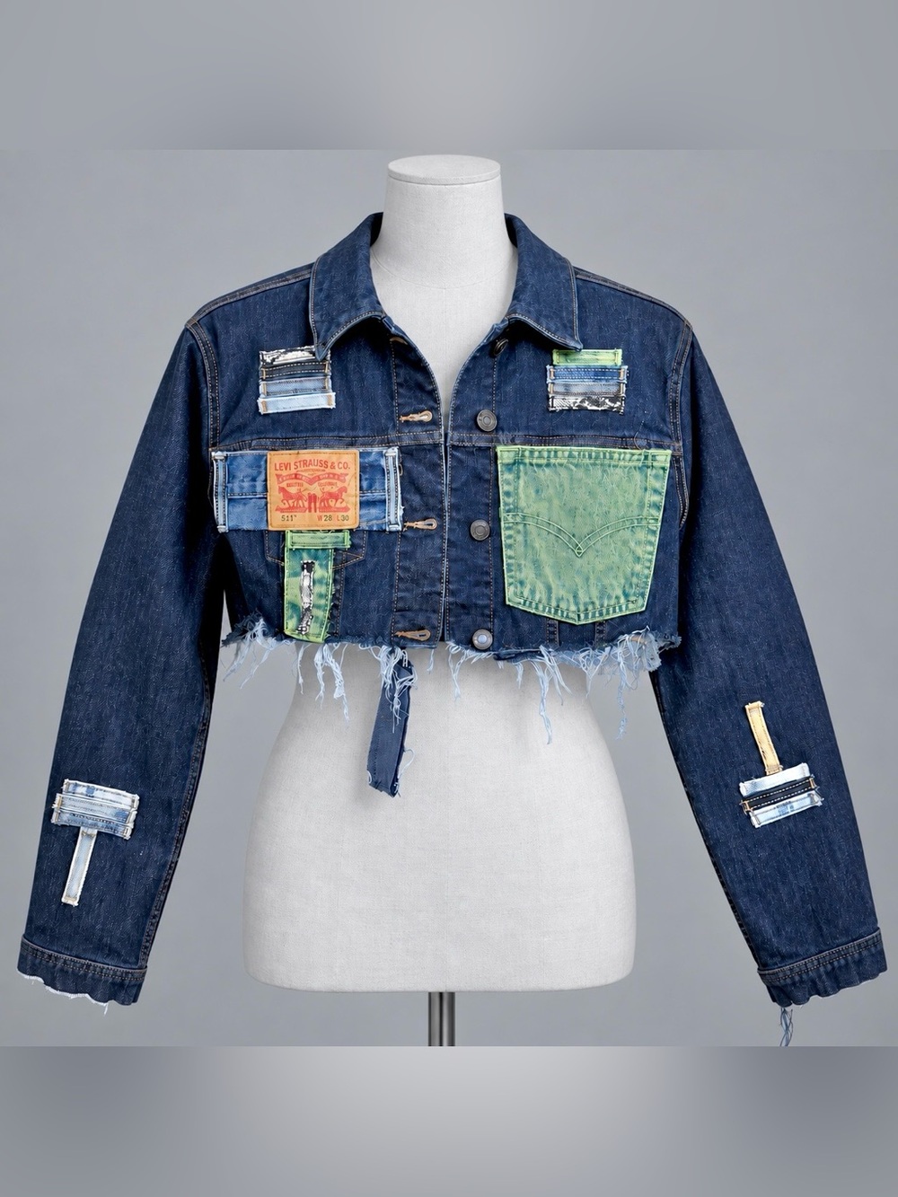Upcycled Lands' End Black and Green Jean Jacket with Patchwork